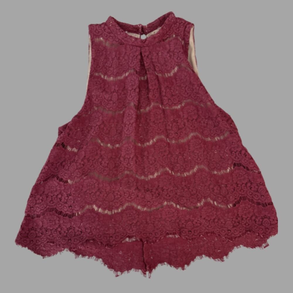 Love Fire Burgundy Lace Mock Neck Sleeveless Tank Top Scallop Hem Size M